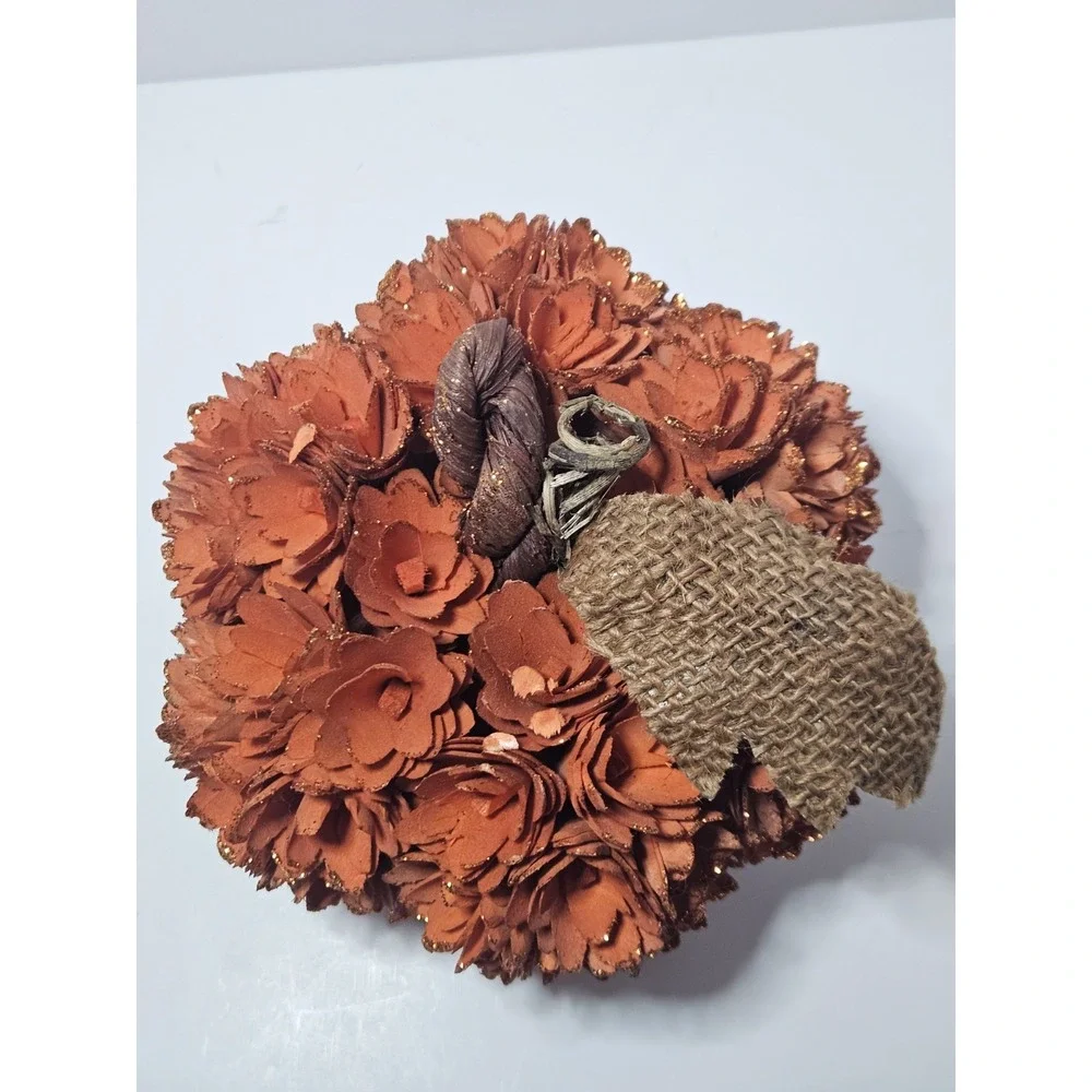 Rustic Wood Curl Shaved Woodchip Pumpkin Fall Harvest Decor Orange Floral Burlap